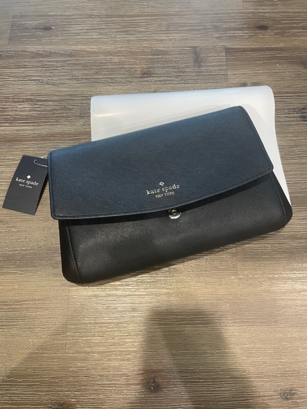 BNWTS Kate Spade Black Flap Crossbody Shoulder Purse & Clutch Silver/GoldAccents